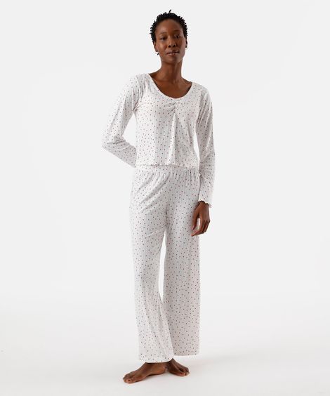 pijama feminino longo com estampa de coração off white