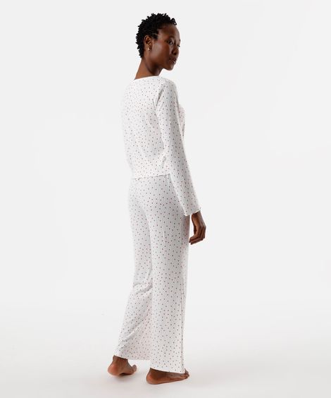 pijama feminino longo com estampa de coração off white