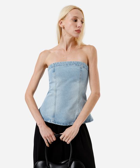 blusa sem alça feminina jeans com recortes azul