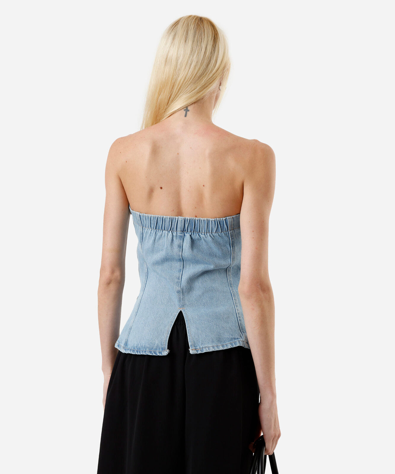 blusa sem alça feminina jeans com recortes azul