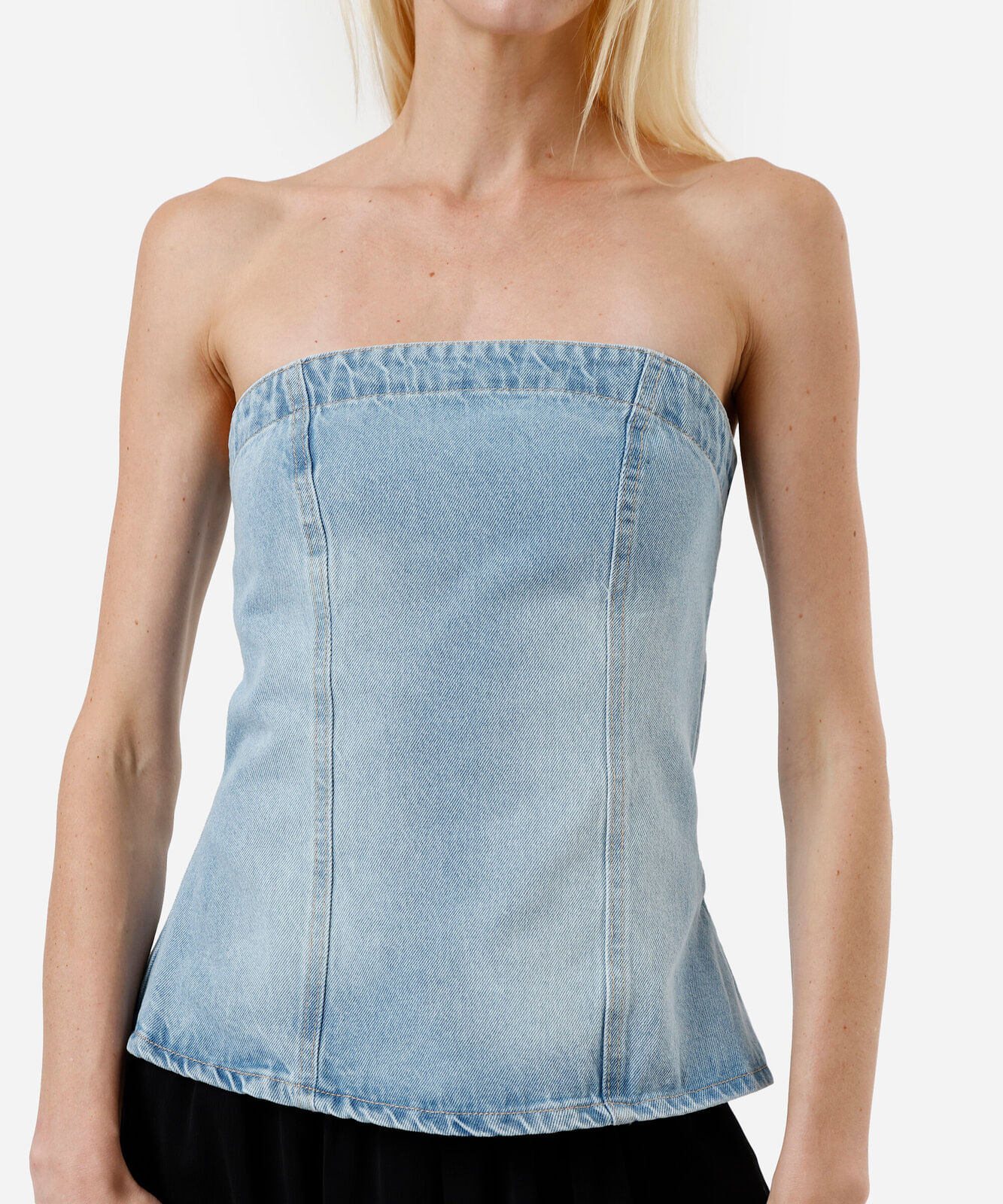 blusa sem alça feminina jeans com recortes azul