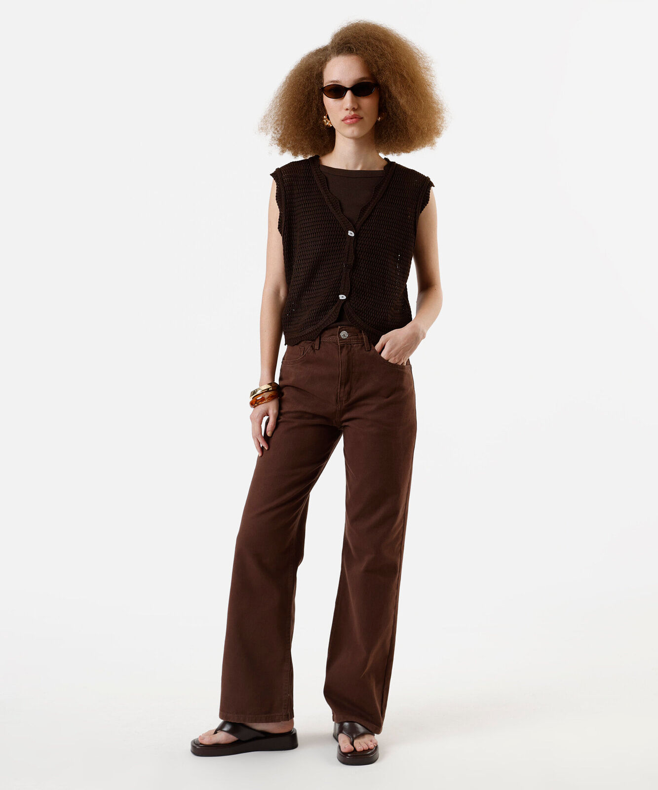 calça wide leg slim feminina de sarja marrom