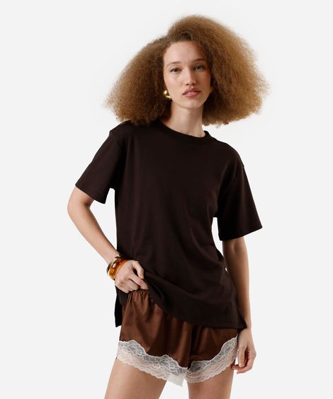 camiseta básica feminina de algodão peruano oversized com fendas marrom