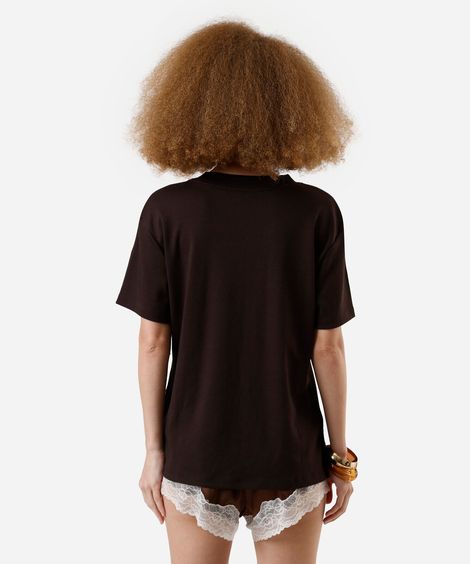 camiseta básica feminina de algodão peruano oversized com fendas marrom