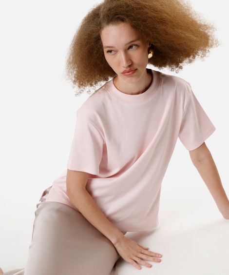 camiseta básica feminina de algodão peruano oversized com fendas rosa