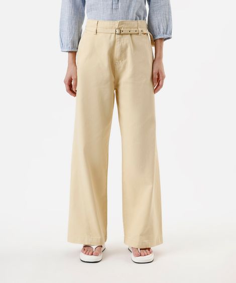 calça wide leg feminina de sarja com cinto amarelo