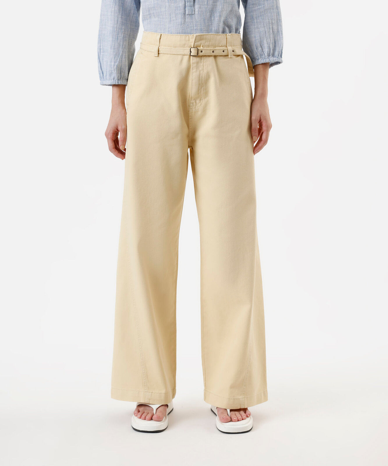 calça wide leg feminina de sarja com cinto amarelo