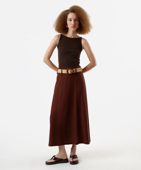 saia midi feminina com linho cintura alta marrom
