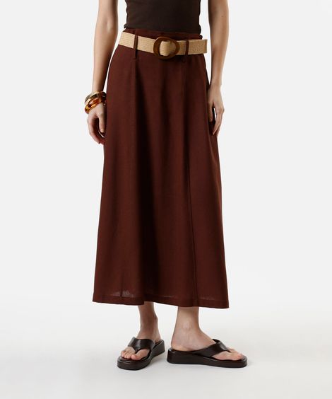 saia midi feminina com linho cintura alta marrom