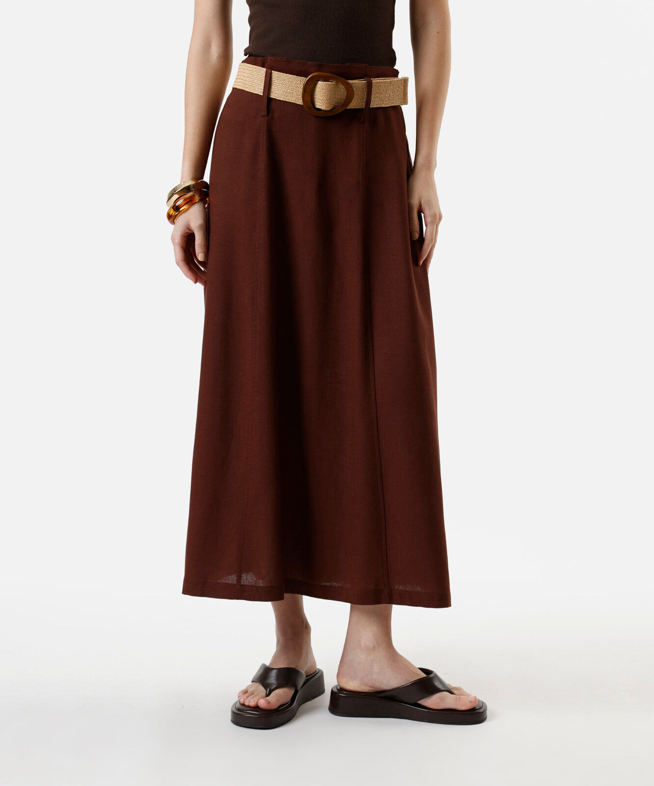 saia midi feminina com linho cintura alta marrom