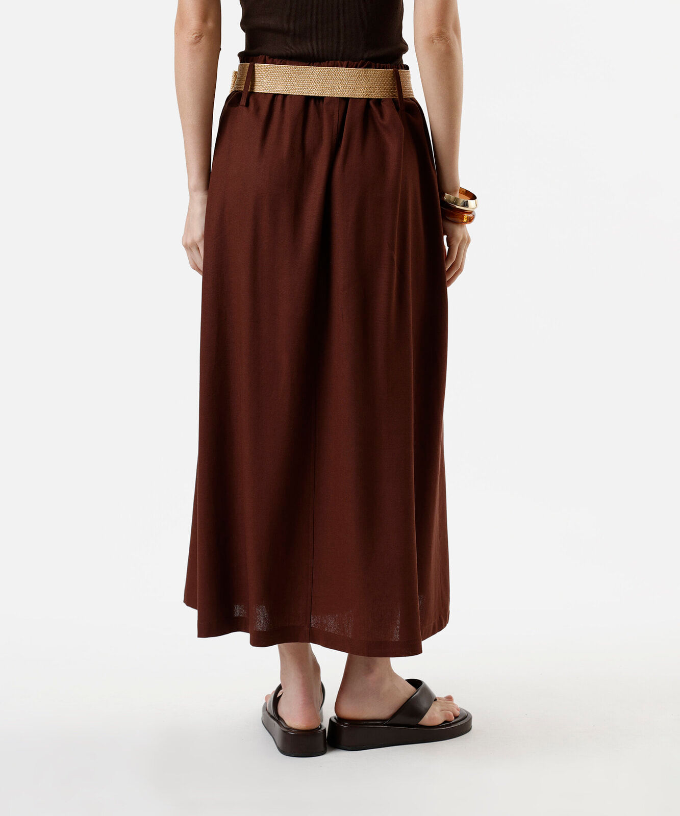saia midi feminina com linho cintura alta marrom