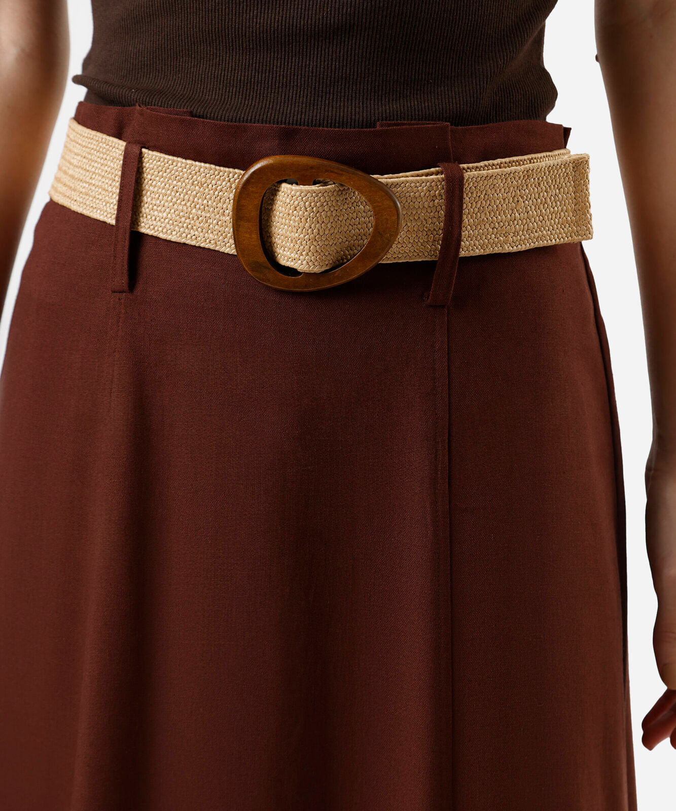 saia midi feminina com linho cintura alta marrom
