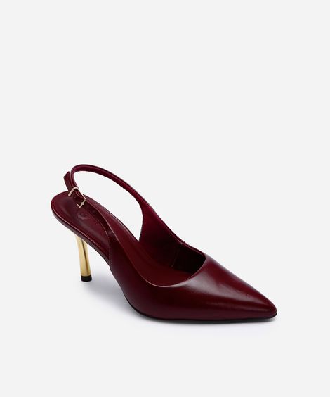 scarpin bico fino feminino salto fino com fivela vinho
