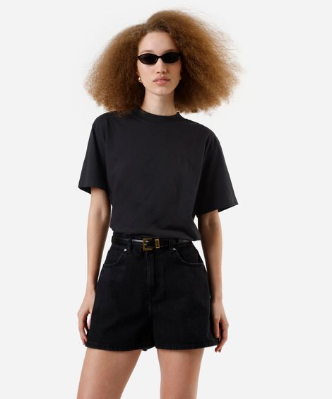 short feminino jeans cintura alta preto