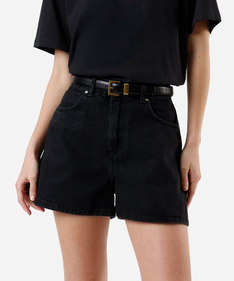 short feminino jeans cintura alta preto