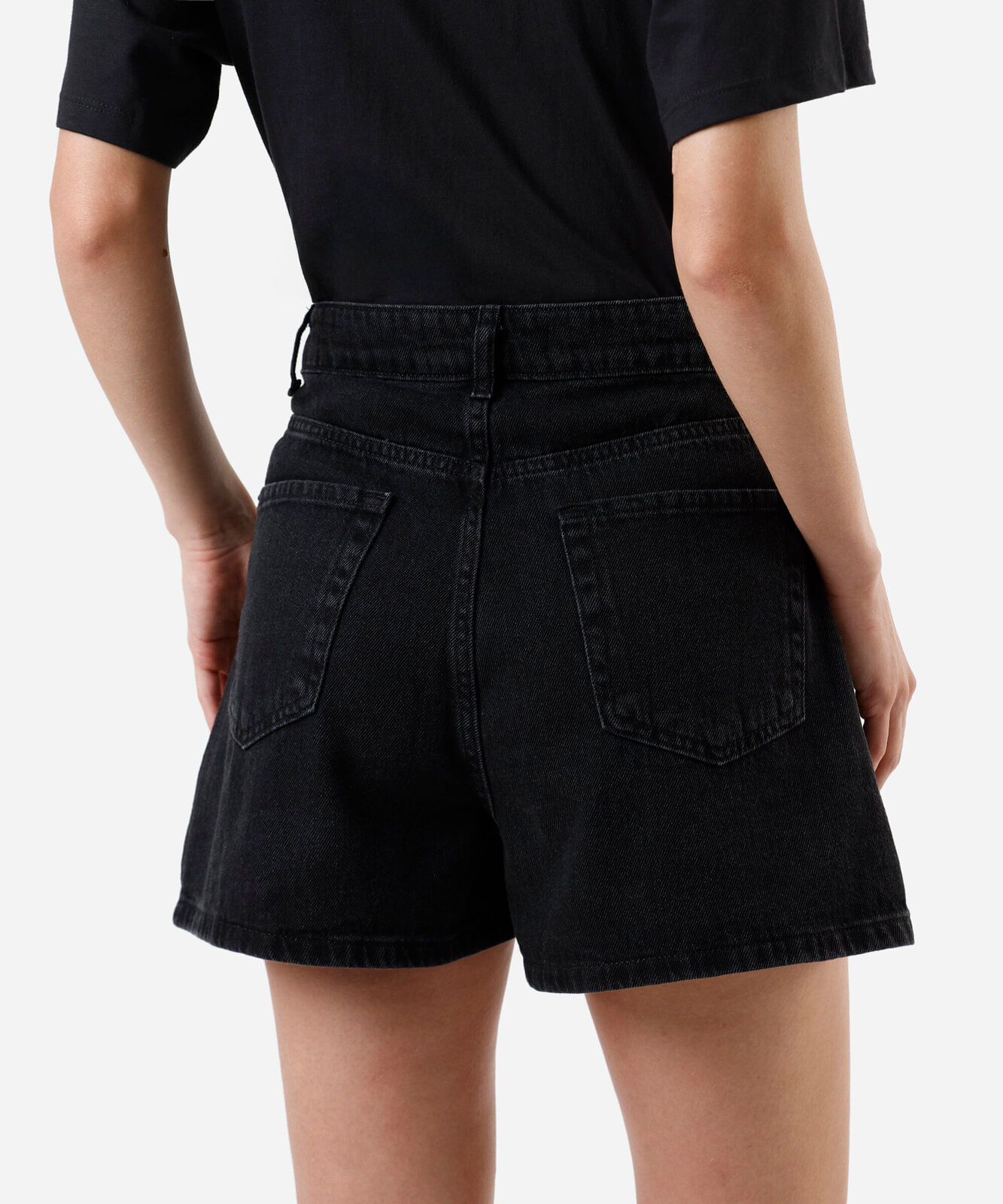 short feminino jeans cintura alta preto