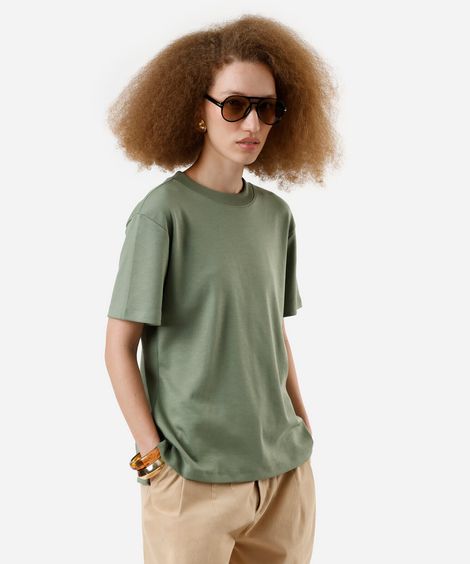 camiseta básica feminina de algodão peruano oversized com fendas verde