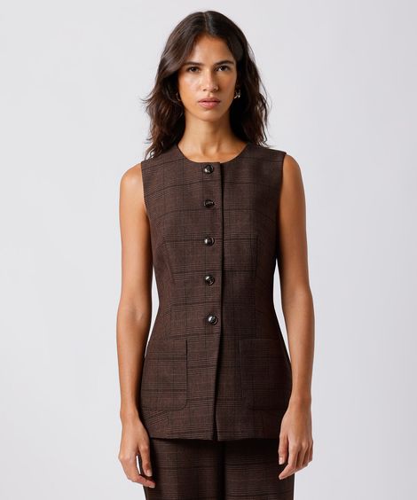 colete de alfaiataria feminino alongado xadrez mindset marrom