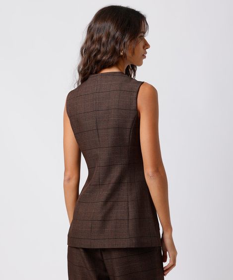 colete de alfaiataria feminino alongado xadrez mindset marrom