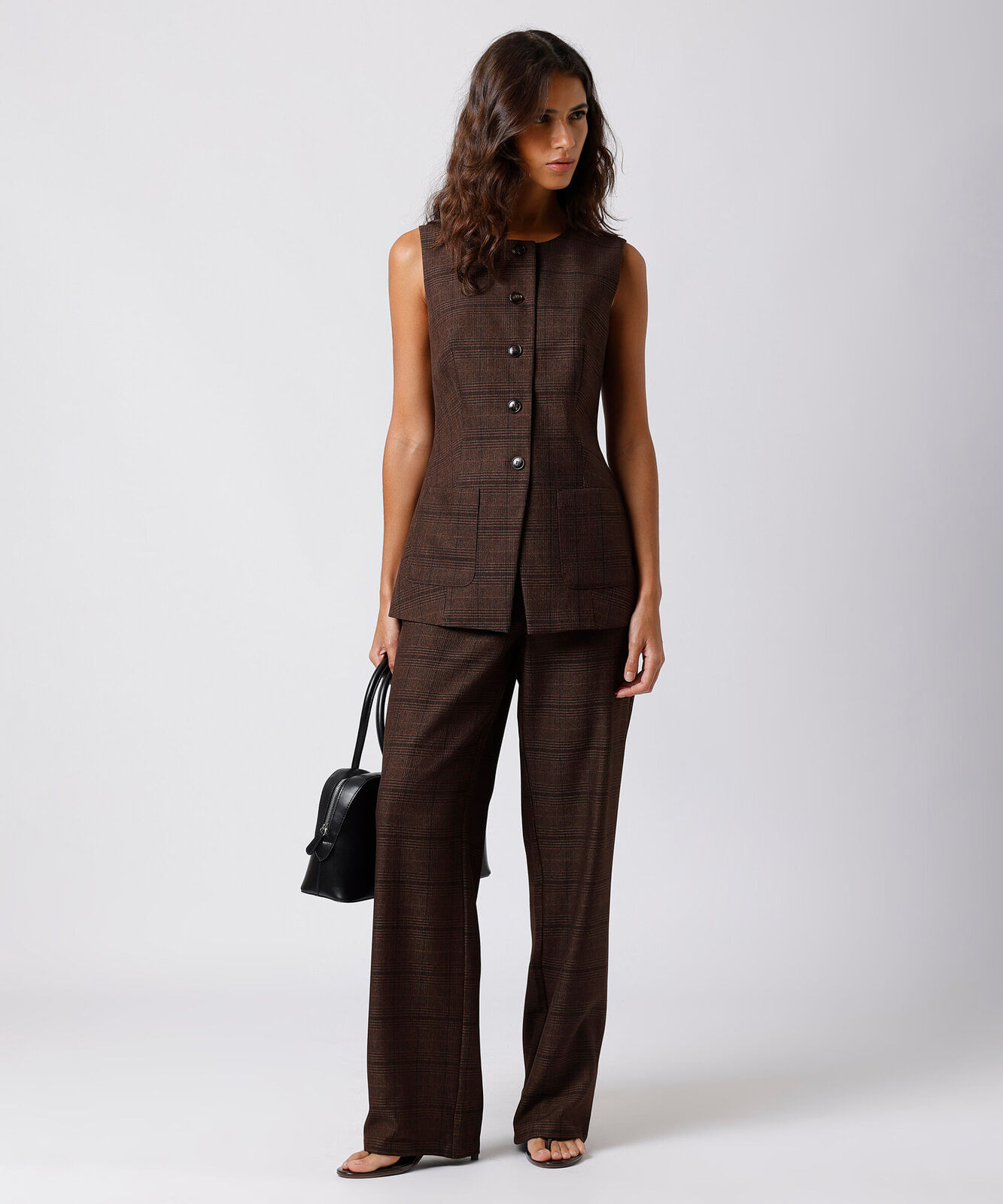 colete de alfaiataria feminino alongado xadrez mindset marrom