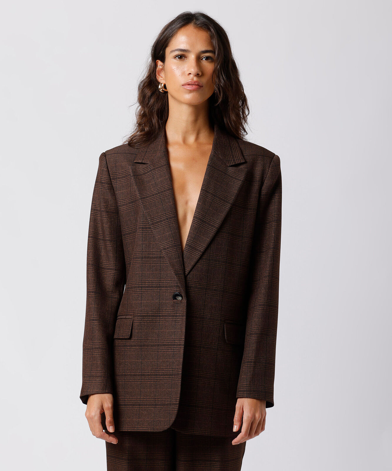 blazer de alfaiataria feminino xadrez mindset marrom