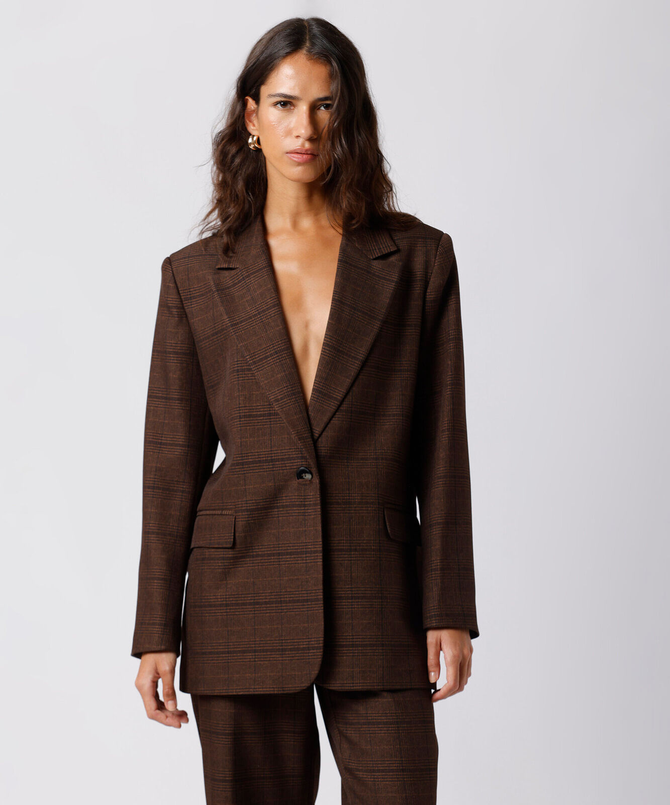 blazer de alfaiataria feminino xadrez mindset marrom