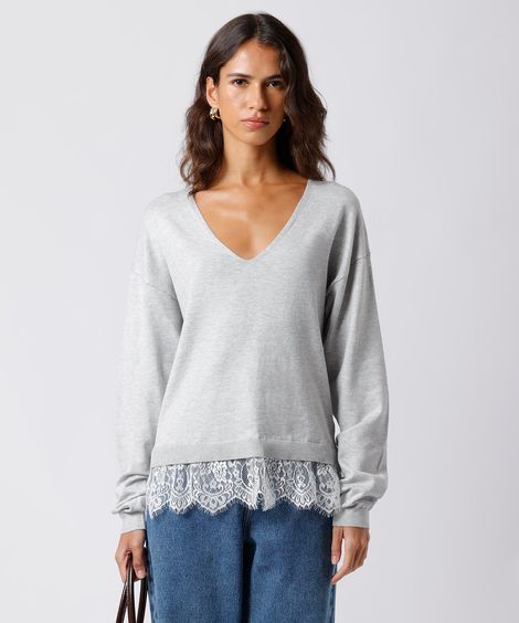 suéter feminino de tricot com renda mindset cinza
