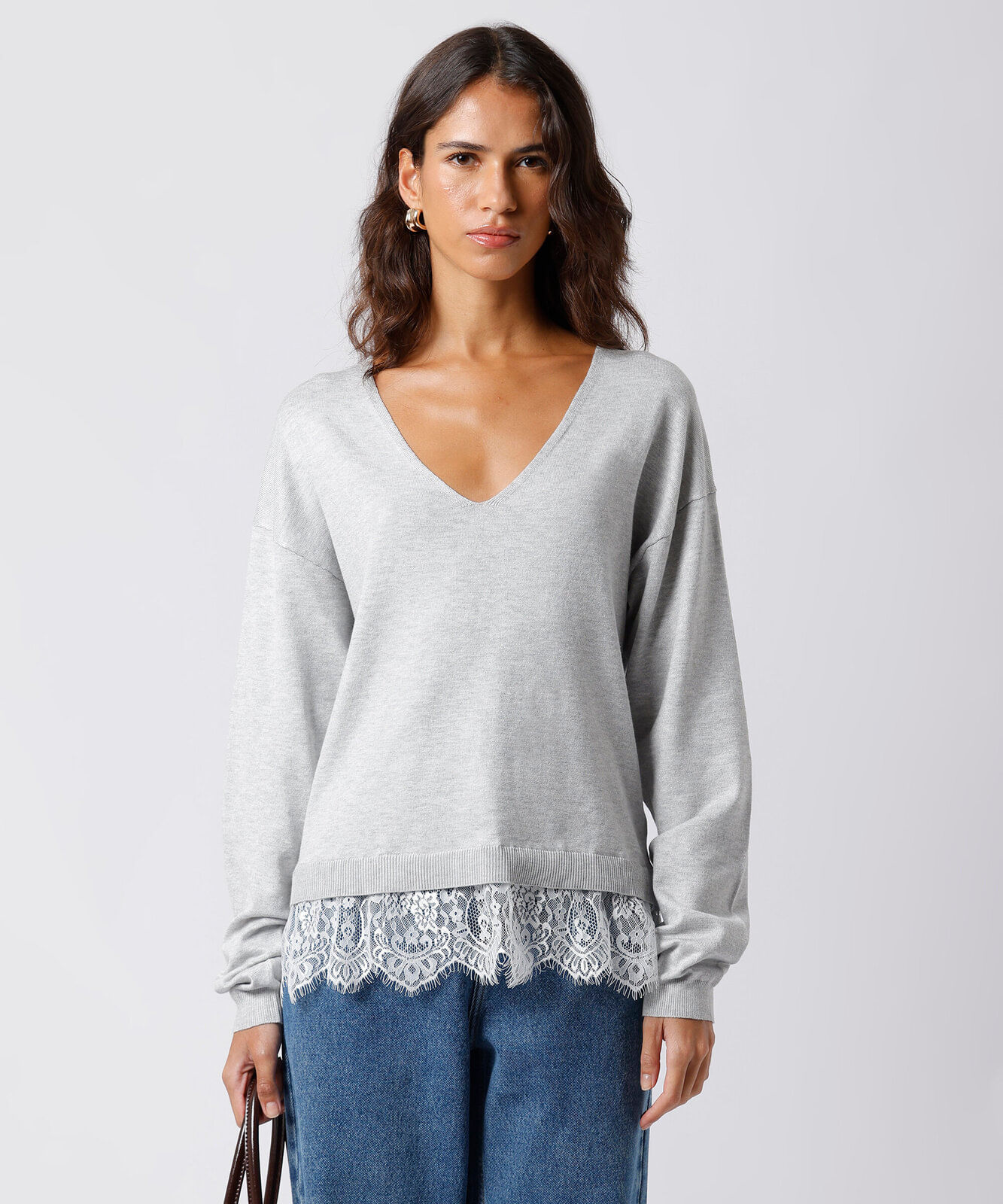 suéter feminino de tricot com renda mindset cinza