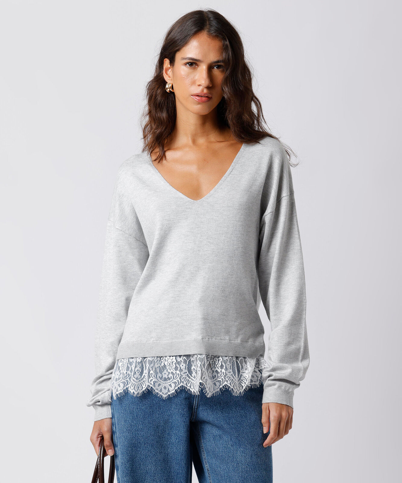 suéter feminino de tricot com renda mindset cinza