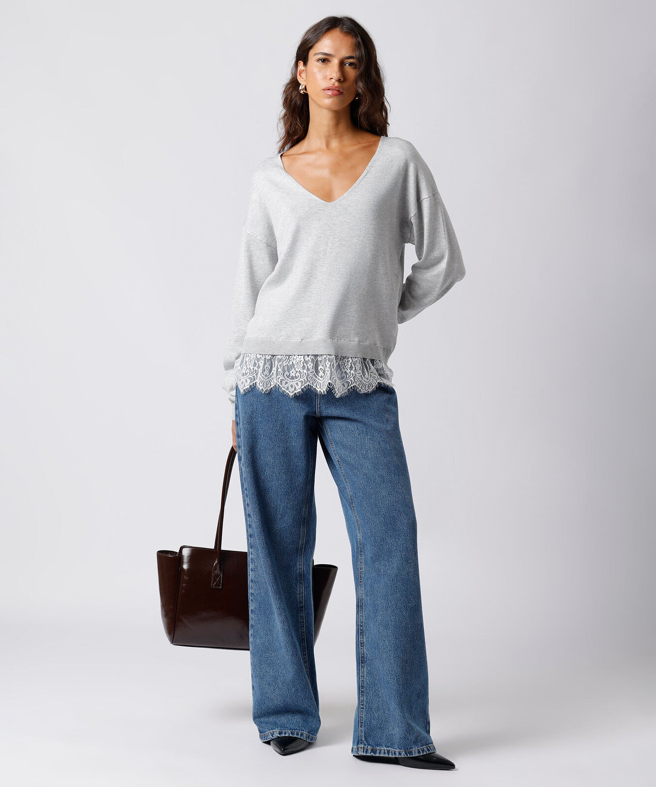 suéter feminino de tricot com renda mindset cinza