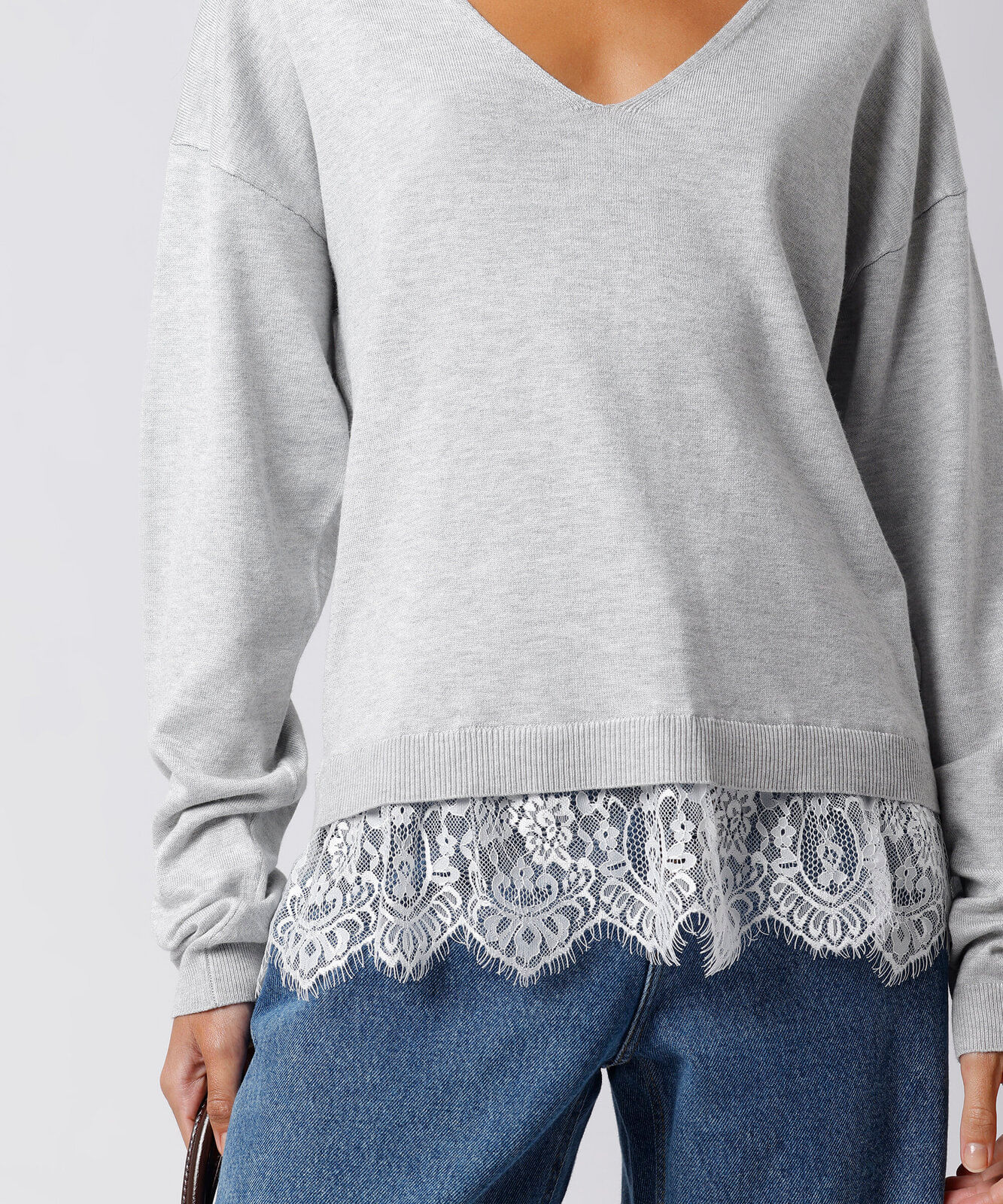 suéter feminino de tricot com renda mindset cinza