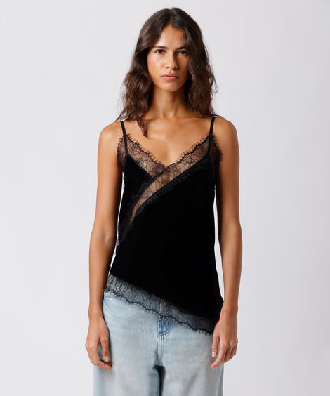regata de pijama feminina alça fina com renda acetinada mindset preto