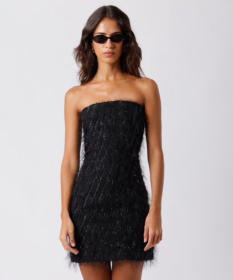 vestido curto feminino com franjas e lurex mindset preto