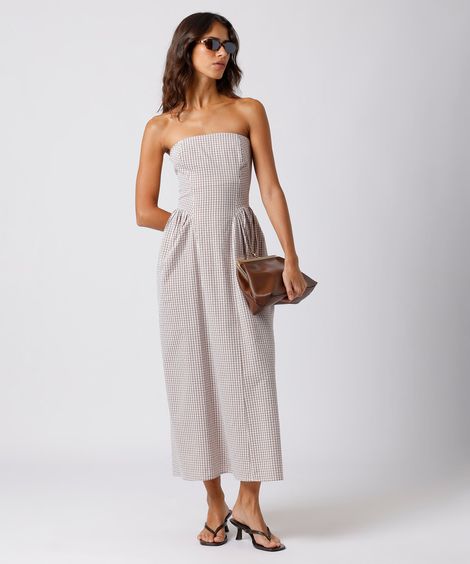 vestido midi sem alça feminino de algodão xadrez mindset marrom