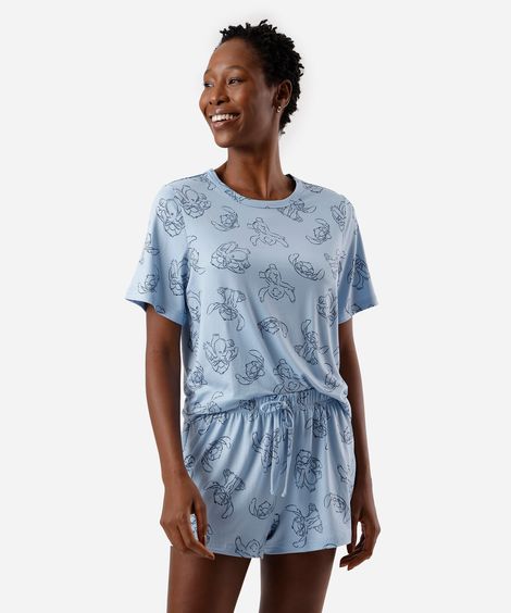 pijama short doll feminino stitch azul