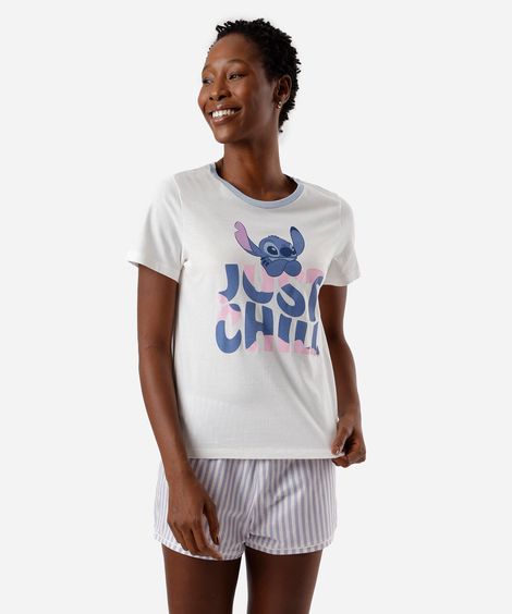 pijama short doll feminino de algodão listra stitch azul