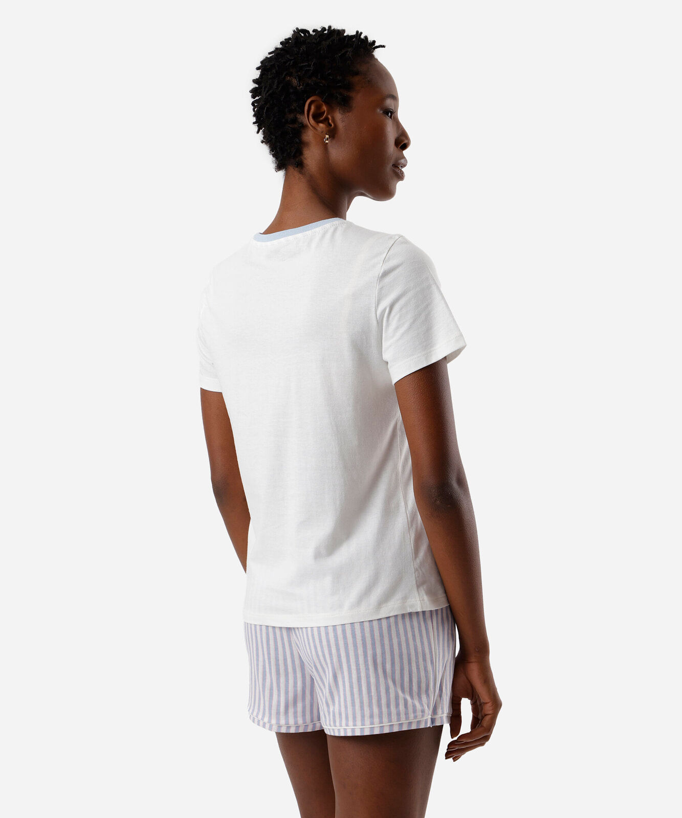pijama short doll feminino de algodão listra stitch azul