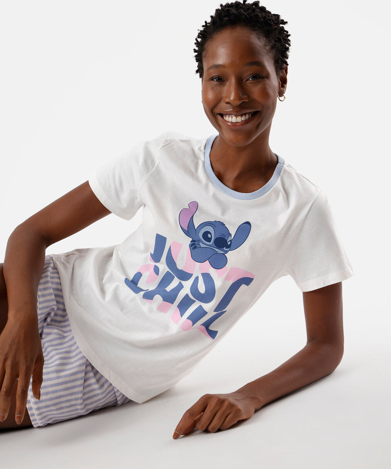 pijama short doll feminino de algodão listra stitch azul