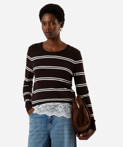 suéter feminino gola careca listrado marrom