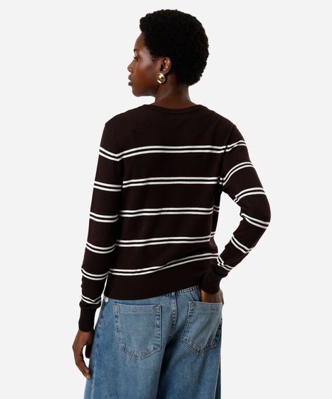 suéter feminino gola careca listrado marrom