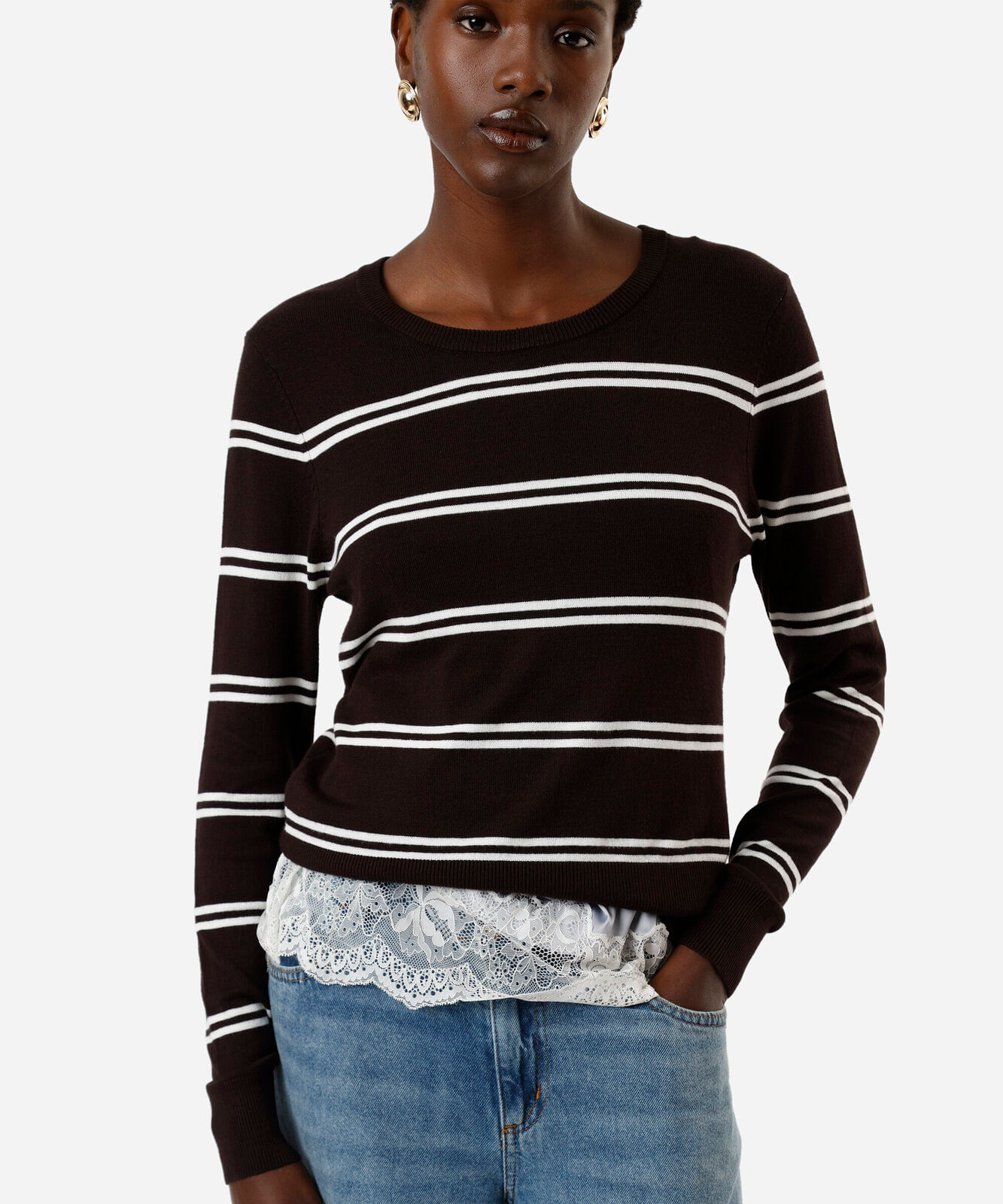 suéter feminino gola careca listrado marrom