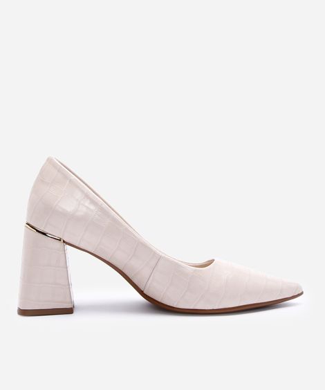 scarpin bico fino salto grosso croco bebecê bege