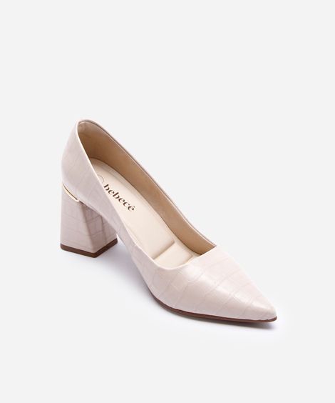 scarpin bico fino salto grosso croco bebecê bege