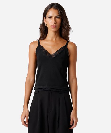 regata alça fina feminina de tricot com renda mindset preta