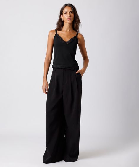 regata alça fina feminina de tricot com renda mindset preta