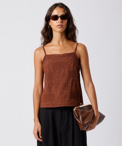 regata feminina de algodão alça fina bordada floral mindset marrom