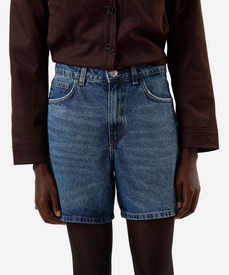 bermuda feminina mom jeans cintura super alta azul