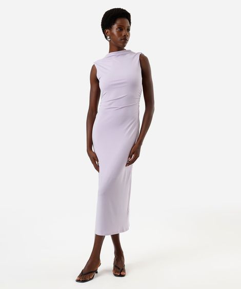 vestido feminino gola alta com degagê lilás