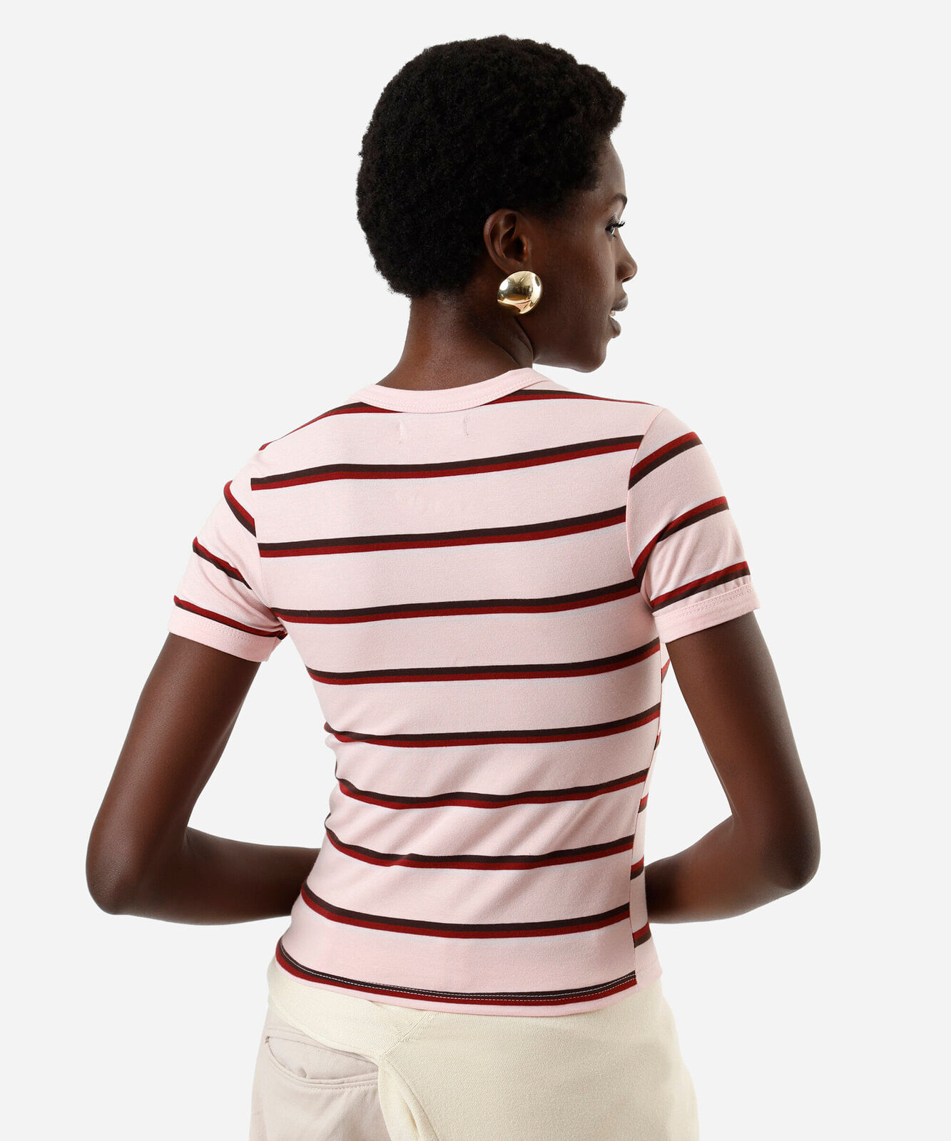 camiseta baby look feminina com algodão listrada rosa