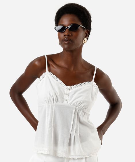 blusa feminina com botões e renda alça fina off white